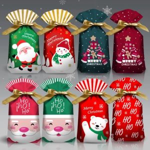 🔥10Pcs Christmas Gift Bag Christmas Plastic Bag Ribbon Drawstring Pocket Loot Bags Christmas Candy Gift Cookie Bags
