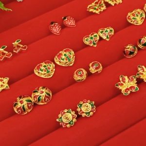 ต่างหูปักก้านลงยา แบบเสียบ ต่างหูแบบก้าน ชุบทอง ทองไมครอน ทำจากทองเหลือง ใส่อาบน้ำได้ ถ่ายรูปจากสินค้าจริง