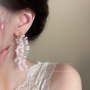 Exaggerated Sweet Tassel Earrings Green Beads Drop Earrings French Style Fresh out Fashion Jewelry for Women Geometric Pattern