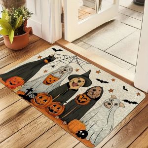 VIKAMA Halloween Dogs Front Door Mat Outside Entrance Autumn Fall Pumpkin Soft Area Rug for Outdoor Entrance Home Decoration