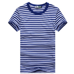 Navy Striped Short Sleeve T-Shirt Mens Casual round Neck Shirt Youth Popular American Style Standard Fit Polyester Cotton Blend