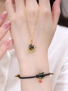 Golden Cat Charms Necklace Birthday Gift for Girlfriend
