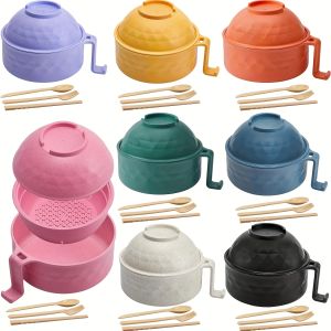 1Set Microwave Ramen Bowl Portable Quick Ramen Bowl with Handle Spoon Chopstick Fork College Dorm Room Apartment Essentials