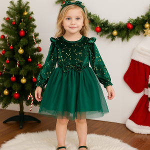 Girl Dress Autumn Winter Velvet Long Sleeved Mesh Bow Princess Dress Childrens New Year Children Party Festive Dress For Girl