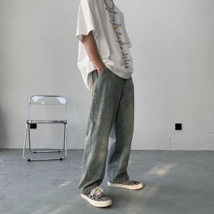 Loose Mens BF Style Jeans Summer Thin Wide Leg Floor-Length Casual Pants Trendy Straight Cut Loose Fit Male Model Jeans