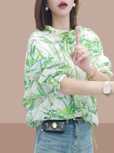 Summer 2025 New Arrival Womens Loose Fit Bamboo Print Hooded Thin Jacket Casual Zipper Loose Sun Protection Clothing