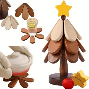 1/2set Wooden Christmas Tree Coaster Heat-Resistant Pad Set Multi-functional Table Mats for Home Kitchen Dining Holiday Decor