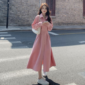 Elegant Pink Long Sleeve Dress Womens Spring Autumn High Waist Slimming Age-Defying Korean Style A-Line Shirt Dress