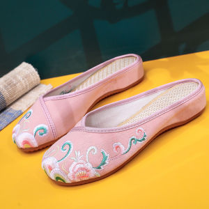 New Hanfu Style Embroidered Slip-On Dance Shoes Womens Home Slippers Increased Height Ethnic Style Cool Sandals