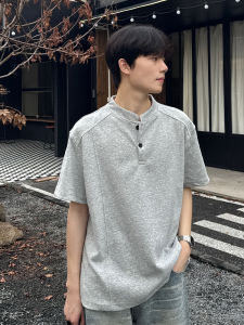 Gray Henry Collar Short Sleeve Polo Shirt Mens Cleanfit Heavyweight T-Shirt American Style Shoulder Half Sleeve Summer Fashion