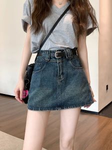 Váy Mini Denim Cạp Cao Cho Nữ Mùa Hè Cỡ Lớn Che Chắn Chống Hở Hang Dáng Chữ a Ôm Sát Cơ Thể Chất Liệu Khác Màu Trơn
