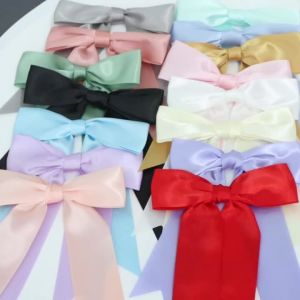 5pcs/lot 4cm Korea Style Hand Tied Polyester Satin Ribbon Bows Long Streamer Bow for Gift Box Wrapping Wedding Party Decoration