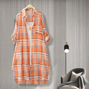 Spring Summer 2025 Womens Plaid Long Sleeve Shirt Jacket Loose Fit UV Protection Outerwear Korean Style Commute Polka Dot