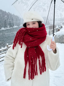 Red Wine Pure Color Thickened Cashmere Scarf Womens Autumn Winter Korean Style Atmosphere Feeling Neck Warmer High-End Feeling New Year