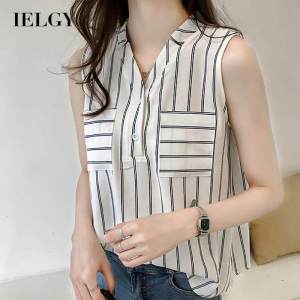 IELGY Korean version Womens clothing Sleeveless Slim Large size Chiffon shirt V-neck Top Loose Stripes