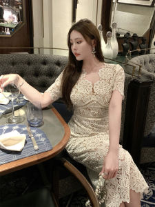 Summer New plus Size Womens Dress Soluble Lace Skirt Heavy Work Loose Slimming Elegant Style Wedding Dress M2537