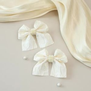 2Pcs Trendy Heart Hair Clips Sweet Cute Pearls Stain Ribbon Bow Hairpin For Girls Kid School Daily Headwear Headdress Accesories