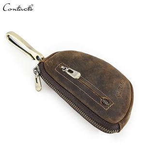 CONTACTS Genuine Leather Vintage Men Wallet Handmade Car Holder with Detachable Chain Zipper Anti-lost Mini Wallet