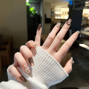 Handmade Cat Eye Pearl Grid White Effect Nail Stickers Coffee Milk Color Wearable False Nails Long Lasting Color Intense