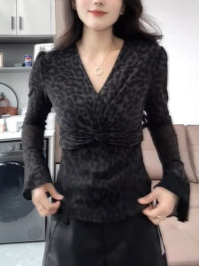 QINGNAER | Leopard Print Large Size Womens Blouse with V-Neck and Ruched Design