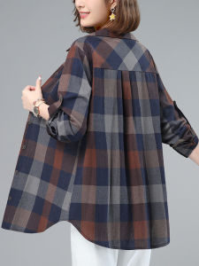 Pure Cotton Plaid Casual Shirt Womens Midi Loose Fit Spring Autumn Thin Cardigan Outerwear for Middle-Aged Mothers