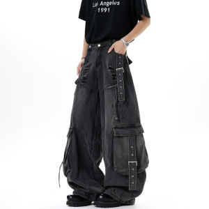 WUKONGYOUHUO | Quần Jeans Phong Cách Đường Phố Mỹ Nhiều Túi Retro Dáng Rộng Ống Suông Xòe