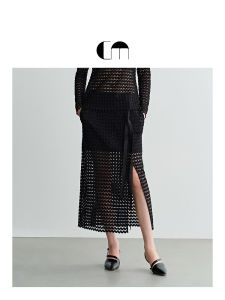 Designer Style Black Hollow Out Side Slit Straight Half Skirt