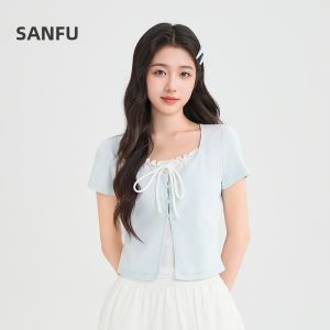 SANFU | Ruffled Tie-Bow Round Neck Slim Fit Womens T-Shirt