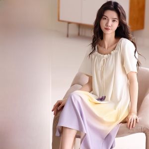 Miiow | Pure Cotton Womens Sleepwear Short Sleeve Gradient Home Clothes Comfortable Breathable Summer Nightgown With Chest Pad