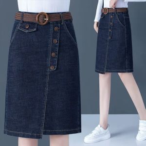 High Waist Slit Denim Skirt Womens Casual Fashion Mid-Length Wrap around Skirt Korean Style Button Detail Jeans Skirt
