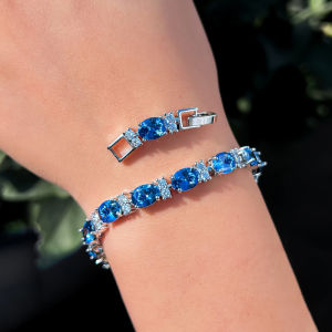 Sequito nữ chất lượng cao mạ bạc trang sức màu xanh hình bầu dục AAA Zirconia Vòng tay sợi bữa tiệc đêm phụ kiện B379