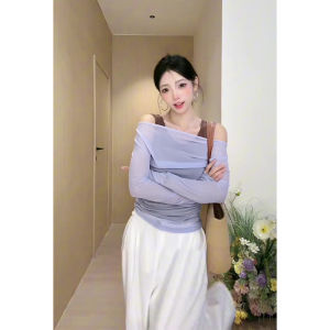 YUEZHONGWEI | Color Block Mesh Long Sleeve T-Shirt Womens Summer Thin Style Slimming Shoulder Bared Top Korean Style Commute Pure Color