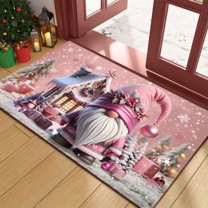 VIKAMA Pink Christmas Santa Claus Rug Bedroom & Living Room Doormat Non-Slip Stain-Resistant Carpet Home Decor