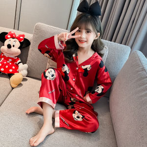 ชุดนอนผ้าไหมน้ำแข็งสำหรับเด็กผู้หญิง แขนยาวบาง ชุดนอนฤดูใบไม้ผลิและฤดูใบไม้ร่วง ชุดนอนสำหรับเด็ก ชุดนอนสำหรับแม่และลูก ชุดนอนสำหรับเด็ก