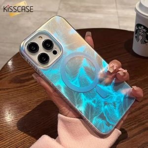 Kisscase Sang Trọng Lông Laser Aurora Magsafe Trường Hợp Đối Với iPhone 15 14 11 12 13 Pro Max Acrylic Armor PC Chống Sốc Bìa Đối Với iPhone 15 Pro Max