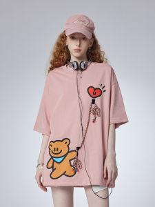 Guuka&Agaho Limited Edition Pink Short Sleeve Womens T-Shirt Shoulder-Drift Style Balloon-Pulling Bear Casual Loose Fit Summer Top