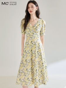 Mo | Summer 2025 French Style Fresh Floral Print V-Neck Short Sleeve High Waist A-Line Midi Dress Tea Break Skirt Soft Cotton Casual