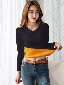 Áo Thun Nữ Tay Dài Dày Ấm Áp Cổ Chữ V Lót Lông Cừu Thời Trang Thu Đông Mới Về Chất Liệu Polyester Phong Cách Hàn Quốc