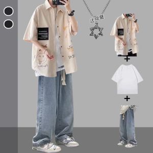 Doodle Short Sleeve Shirt Set Loose Fit Summer Trend for Boys Casual Sportswear Four Piece Set Teenagers Fashion Design