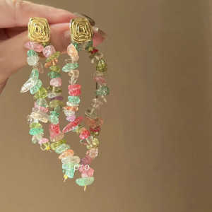French Vintage Long Colorful Crystal Stone Earrings Luxury Niche Design Sensation High-End Sensation Irregular Ear Jewelry