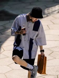 Large Size Japanese Style Mens Summer Thin Casual Loose Short Sleeve Striped Shirt Trendy Lightweight Breathable Polyester