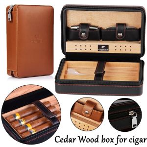 Portable Ciga Case Humidor Travel Ciga box Cedar Wood Cabinet Storage Box Black Brown Leather Cedar Lined (No include Lighte And Cutter)