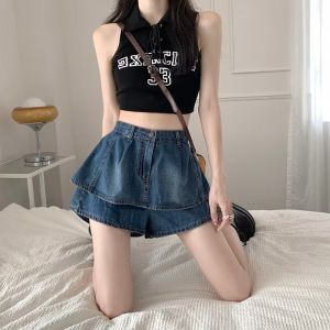 High Waist Loose Fit Denim Mini Skirt for Women Summer Fashionable Anti-Light A-Line Short Skirt Pants Retro Style