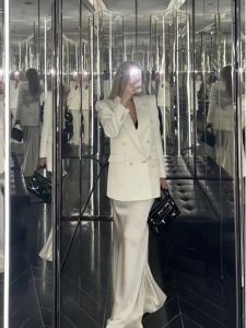 Spring Summer Metal Double Button Long Sleeve Suit Jacket High Waist Slimming Midi Skirt Set Elegant Lady Fashionable Workwear