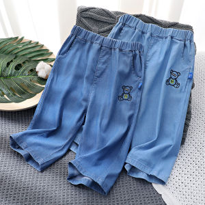 Loose Fit Boys Seven-Foot Pants Summer Casual Soft Thin Ice Silk Tencel Denim Shorts mid Waist Elastic Band Breathable Kids Jeans