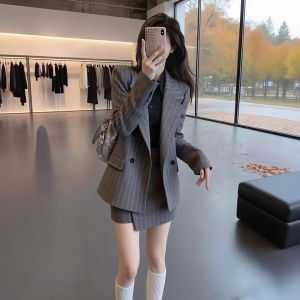 XUECAIQI | Spring Wear Office Suit Gray Stripes 2 Pieces
