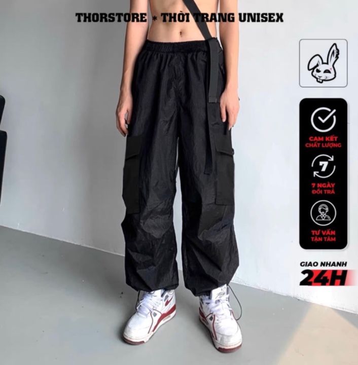 Quần dù unisex,thiết kế túi hộp có dây rút ống