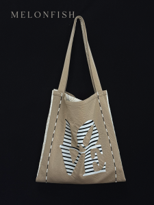 Melonfish Autumn New Original Design Embroidered Leather Tote Bag Single Shoulder Canvas Bag Commuter Bag Casual Shopping Bag