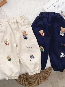 Childrens Casual Cartoon Embroidered Woven Pants Spring Style High Waist Rabbit Fur Straight Leg Trousers for Boys And Girls