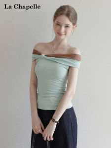 La Chapelle | Off Shoulder Knotted Color Block Spliced Slim Fit Short T-shirt